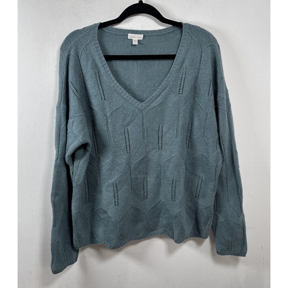 Garnet Hill Women's L Blue-Green Cashmere Linen V-Neck Sweater Coastal Grandma